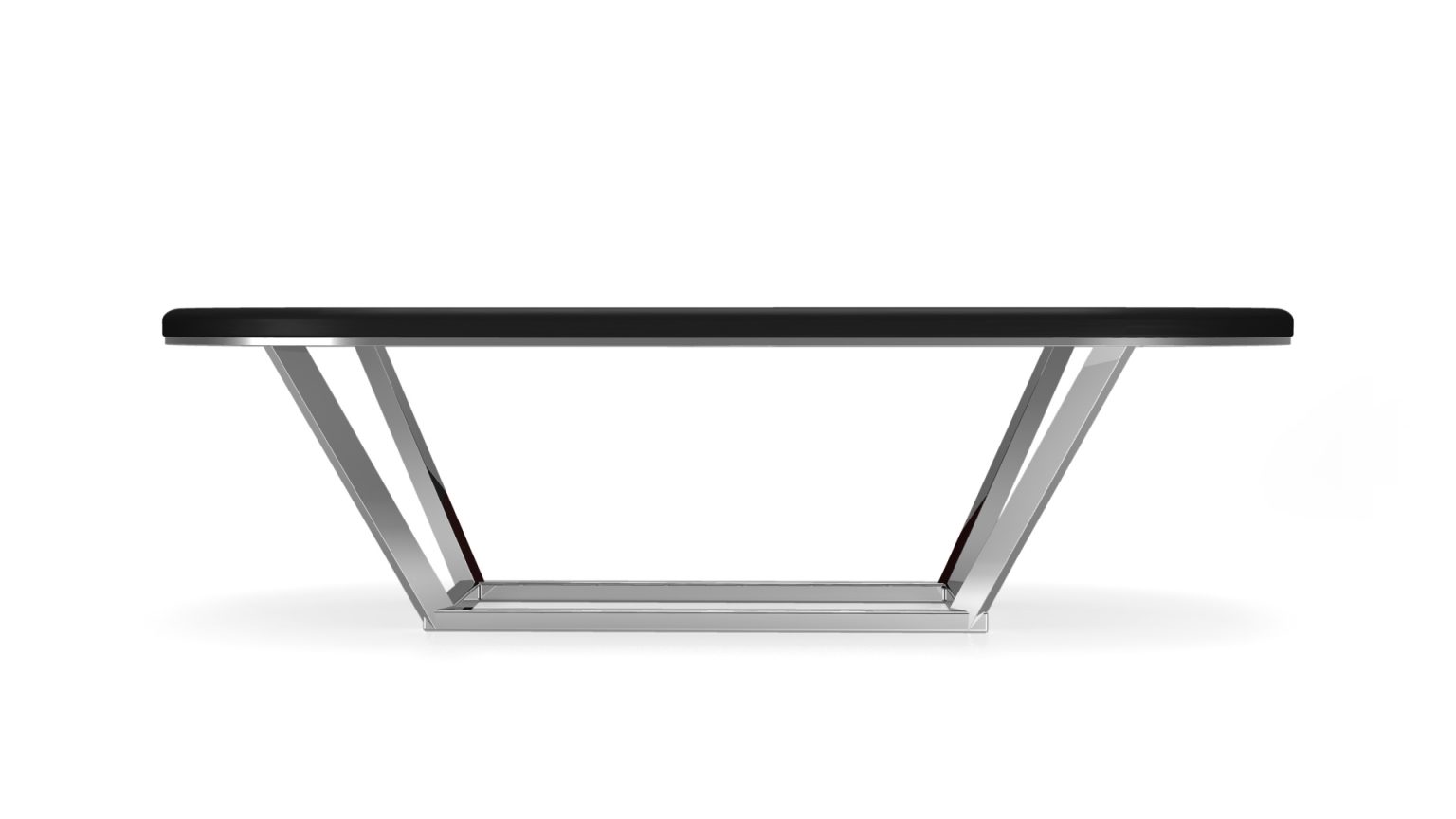 A modern luxury table with a sleek black top and silver V-shaped legs, exuding sophistication similar to the Vitro Oval Poker Table.