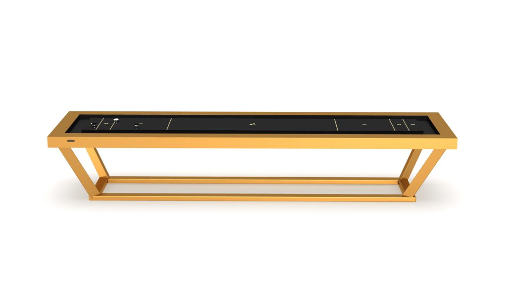 The Vitro Shuffleboard Table boasts a sleek, modern design with a glossy black top and gold details. Its minimalistic knobs and angular legs offer a sophisticated aesthetic against a white background, perfect for luxury enthusiasts.