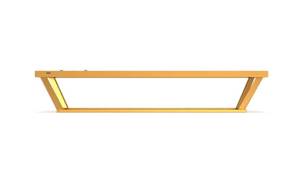 A minimalist yellow table, echoing the Vitro Shuffleboard Tables luxury and sleek design, features a flat rectangular top on angled legs. Photographed against a white backdrop, it exudes contemporary elegance.