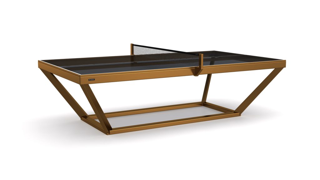 Presenting the Vitro Ping Pong Table, featuring a sleek bronze metal frame and dark tabletop. This stylish centerpiece blends elegance with functionality, showcasing a modern design with an angular base and central net.