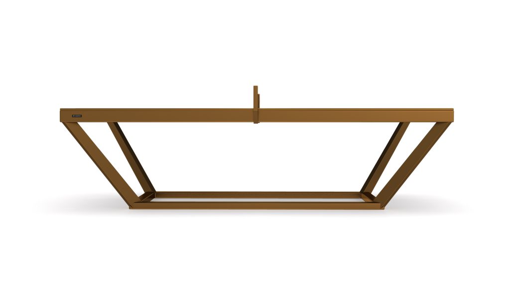 A contemporary, geometric metal frame with a chic, angular design in matte brown, akin to the Vitro Ping Pong Table. It has trapezoid shapes from parallel and slanted bars, finished with a central vertical support bar.