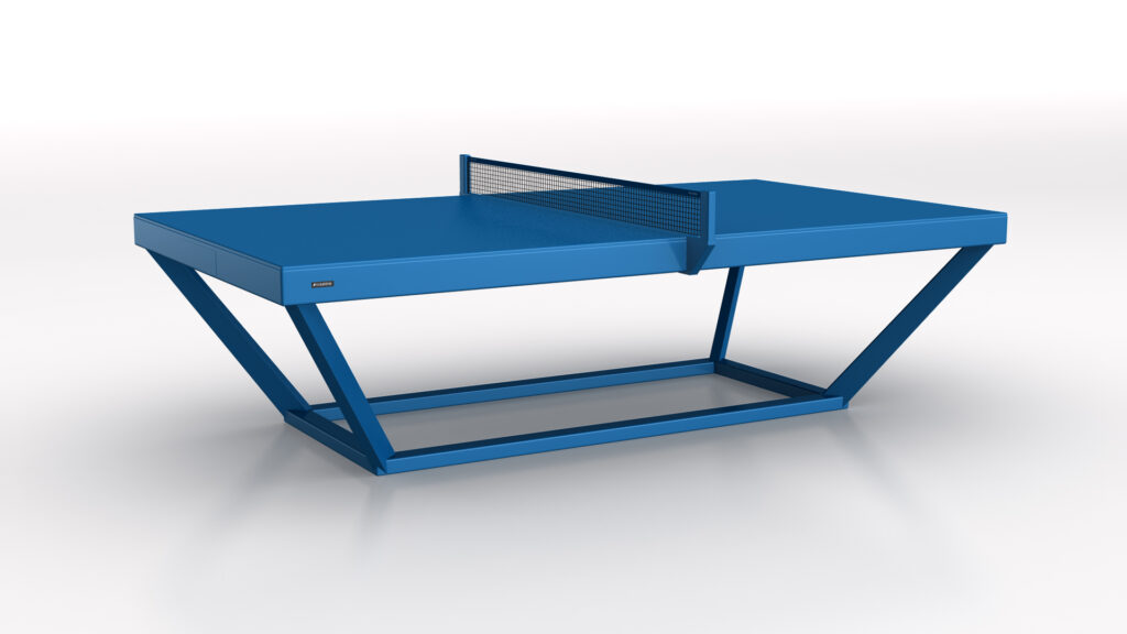 The Vitro Ping Pong Table is a modern blue table with a geometric, minimalist design, featuring angled legs, a metal net, and an open base. Shown against a white background.