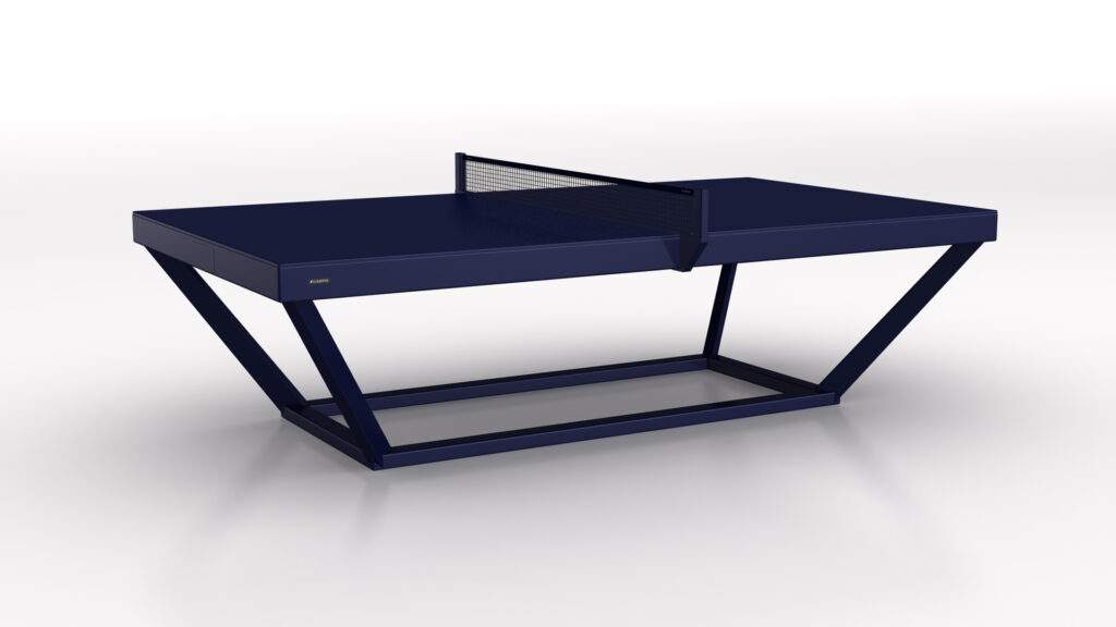 The Vitro Ping Pong Table is a modern, navy blue table with a sleek, angular base, minimalist design, and black net, displayed on a plain white background.