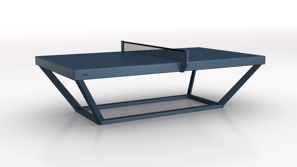 The Vitro Ping Pong Table, featuring a modern angular design with a sleek metal net and geometric legs, exudes luxury in blue against a plain white background.