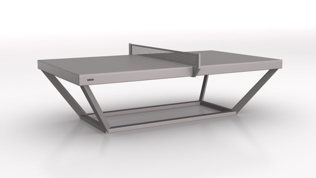 The Vitro Ping Pong Table is a modern, metallic table with a geometric base, minimalist design, and sleek metal net, showcased against a plain white background.