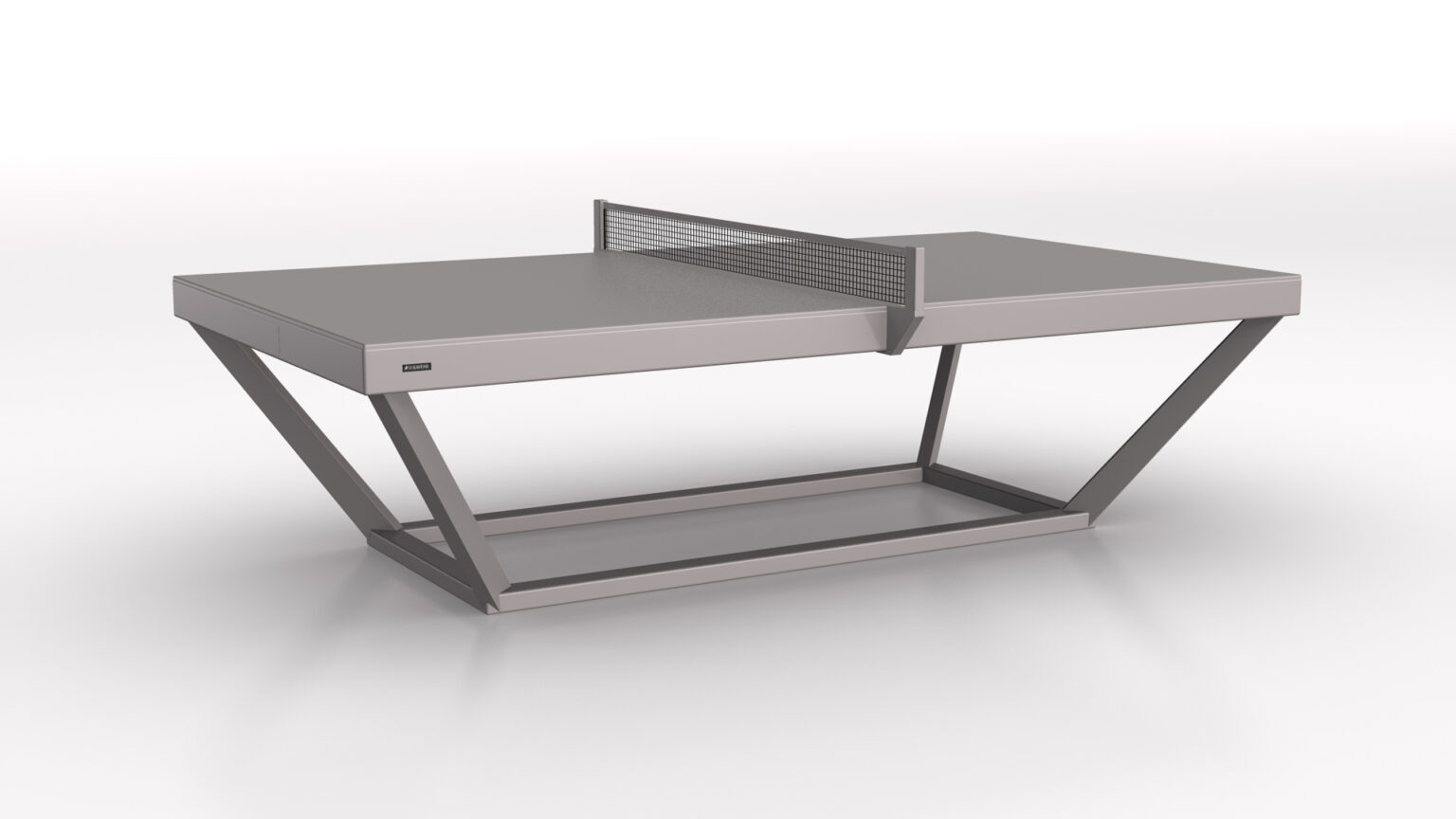 The Vitro Ping Pong Table is a modern, metallic table with a geometric base, minimalist design, and sleek metal net, showcased against a plain white background.