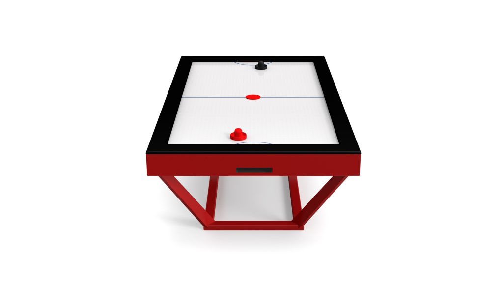 Introducing the Vitro Air Hockey Table: it features a striking red playfield, sleek black frame, and stands on a unique red support. Comes with two strikers and a puck, perfectly blending modern design elements.