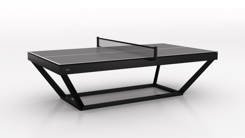 The Vitro Ping Pong Table features a modern black design with clean lines, a minimalist metal frame, and a central net, set against a plain white background.