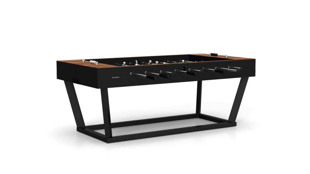The Vitro Foosball Table features a stylish black metal frame with wooden accents, standard player rods, and a unique angled base, creating a chic minimalist design perfect for any modern space.