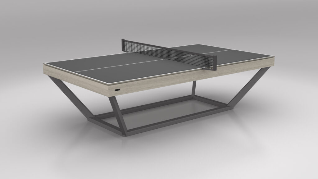 The Vitro Ping Pong Table features a sleek, minimalist design with a dark playing surface, black net, and angled metal legs in a light wood frame, shown against a plain gray background.
