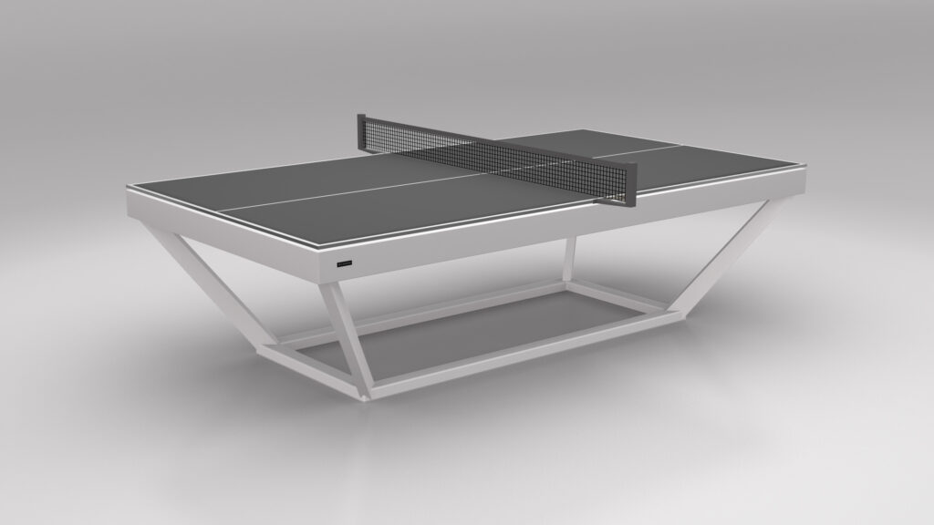 The Vitro Ping Pong Table has a modern black and white design, featuring a geometric angular base and a black net, set against a plain light gray background.
