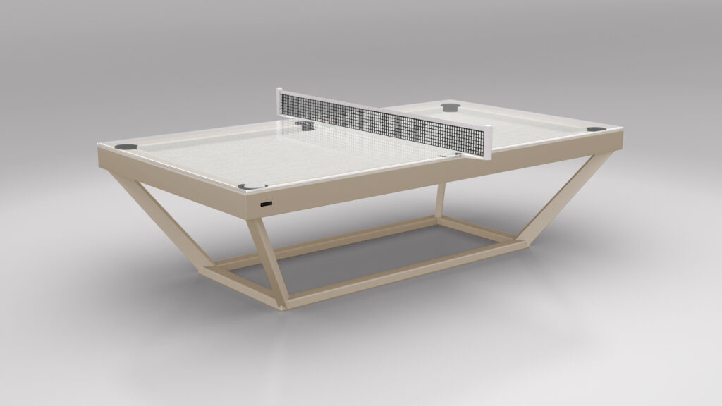 The Vitro Ping Pong Table is a modern beige table with an angular frame, sleek center net, and minimalist design, set against a plain gray background.