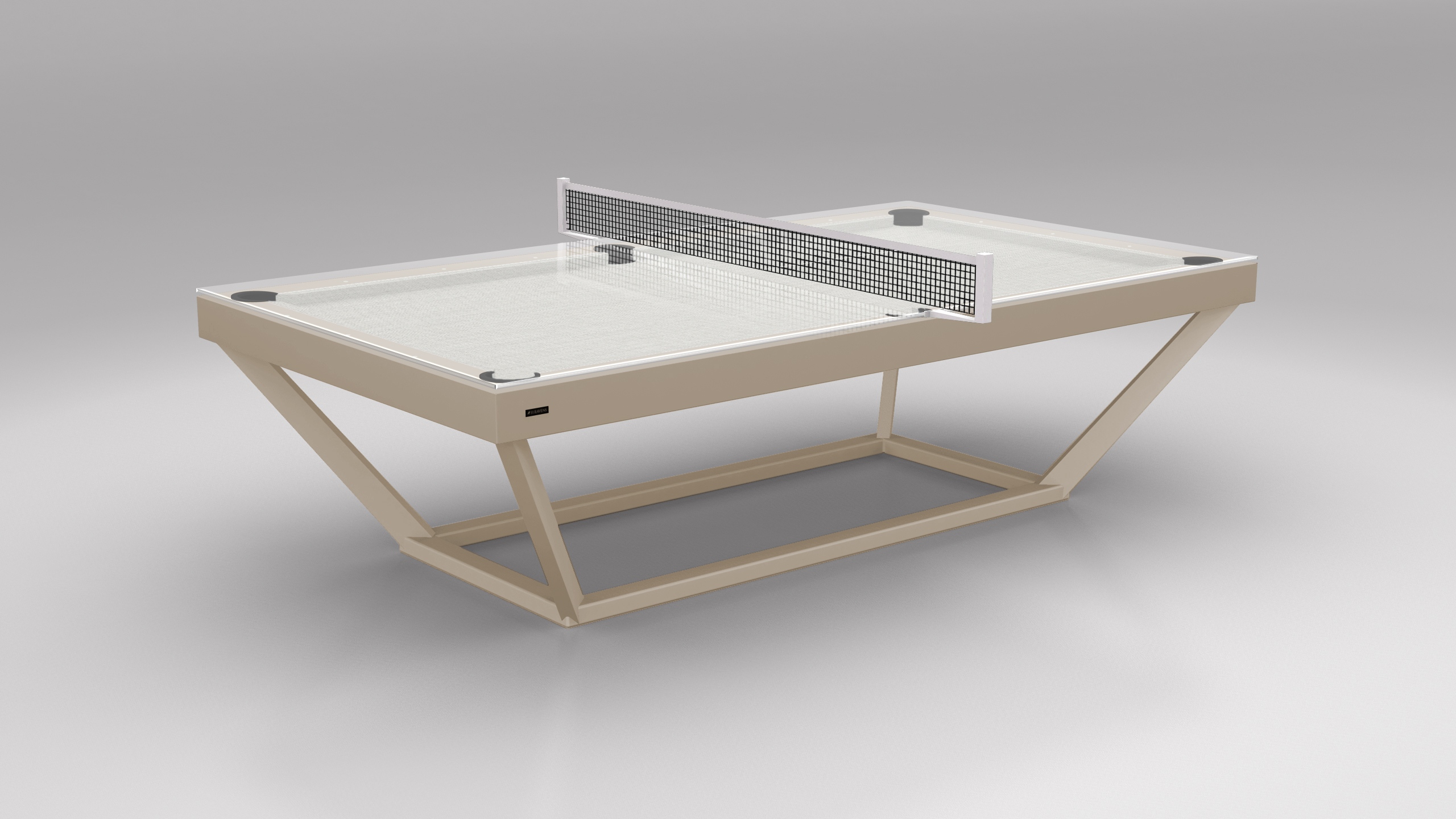 The Vitro Ping Pong Table is a modern beige table with an angular frame, sleek center net, and minimalist design, set against a plain gray background.