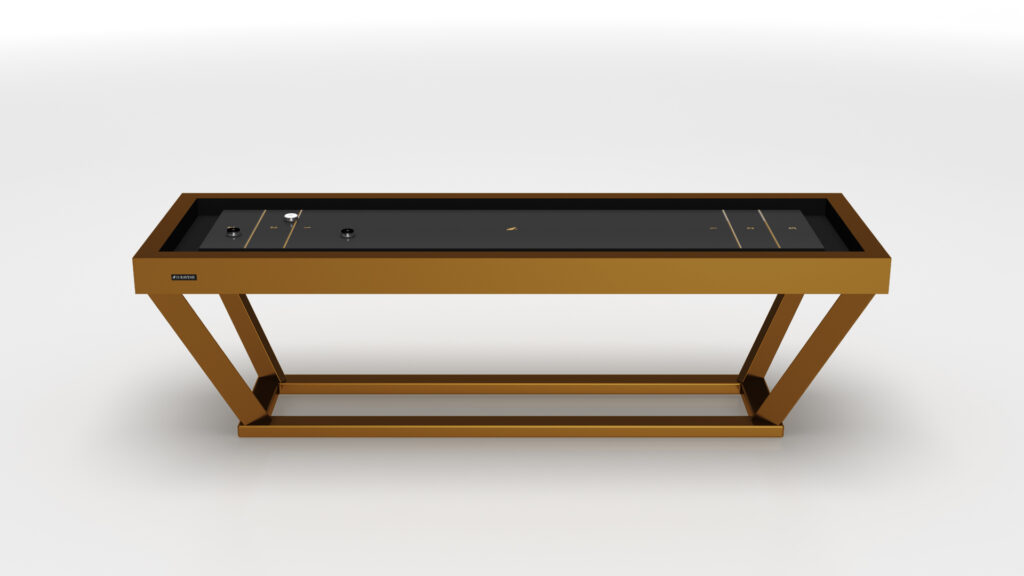 The Vitro Shuffleboard Table is a modern, rectangular piece with a black glass top, metallic gold frame, angled legs, and lower support bar, shown against a plain white background.