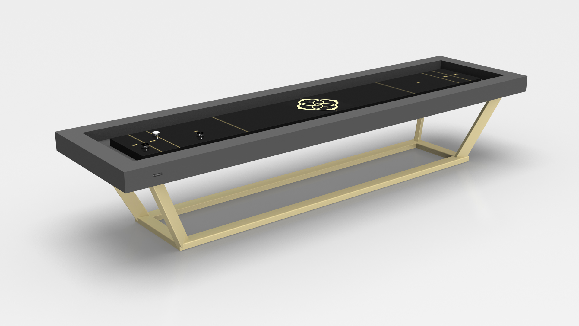 The Vitro Shuffleboard Table showcases a sleek black playing surface with gold markings, a central geometric gold floral design, and angled gold legs set against a crisp white background.