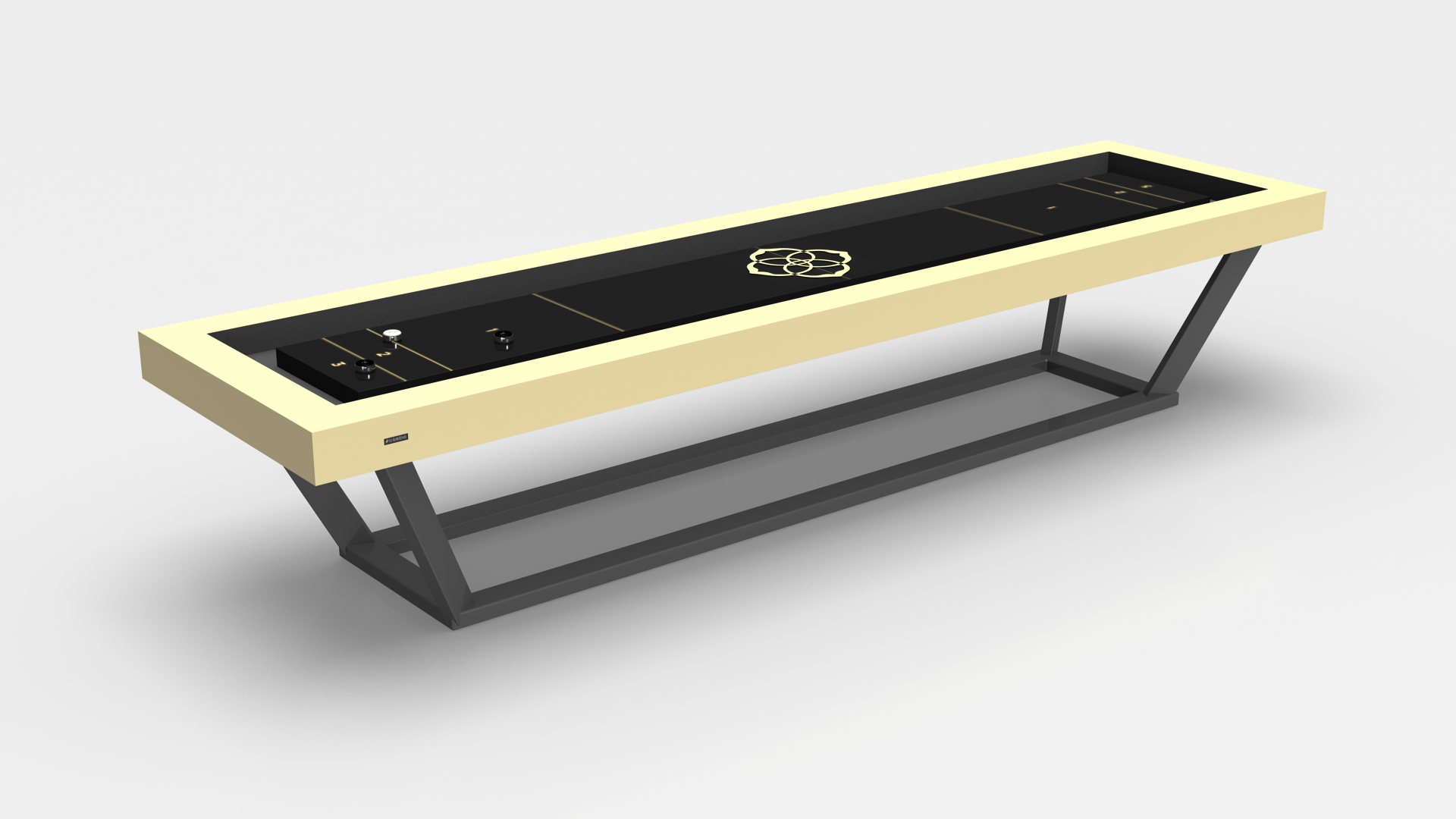 The Vitro Shuffleboard Table features a modern rectangular design with a thick cream border, black geometric-patterned tabletop, and is supported by an angled gray metal frame for a minimalist contemporary look.