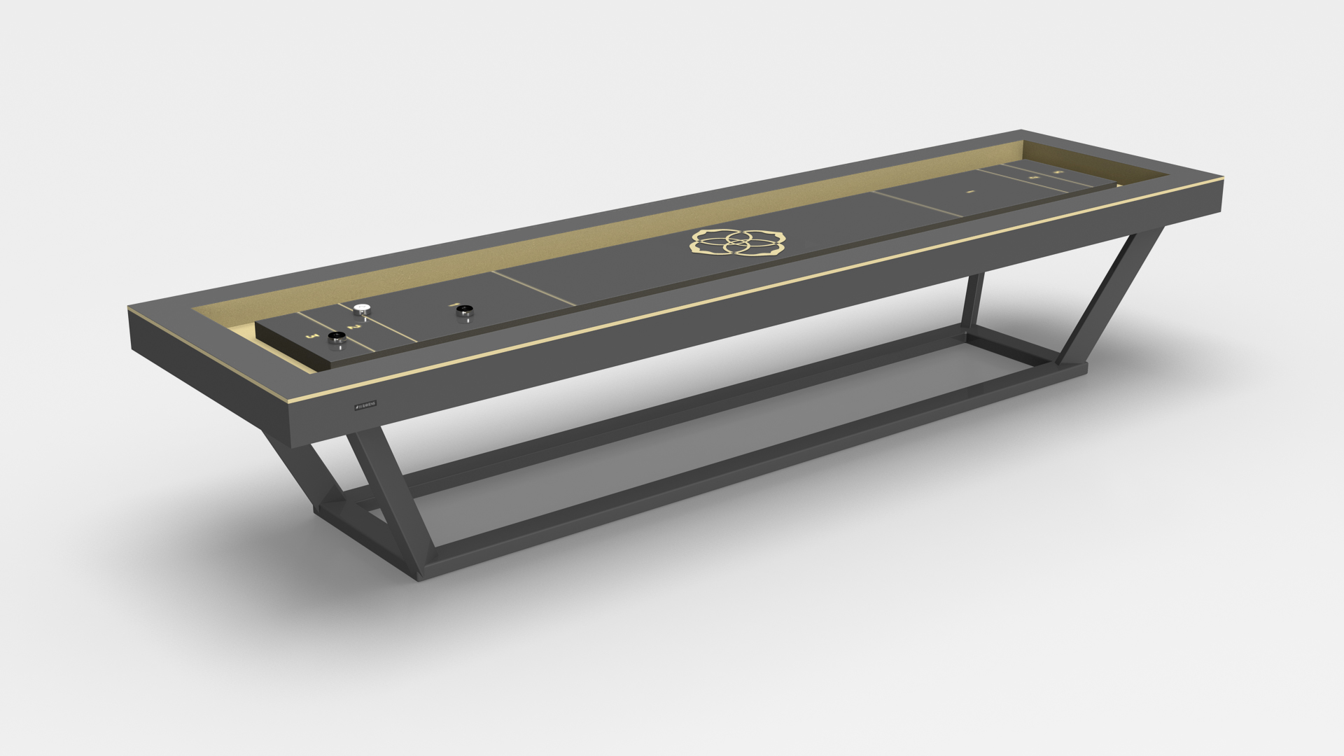 The Vitro Shuffleboard Table features a modern design with a gray frame, light wood playing surface, and angled metal legs. Set against a white background, it displays game markings and pucks ready for play.