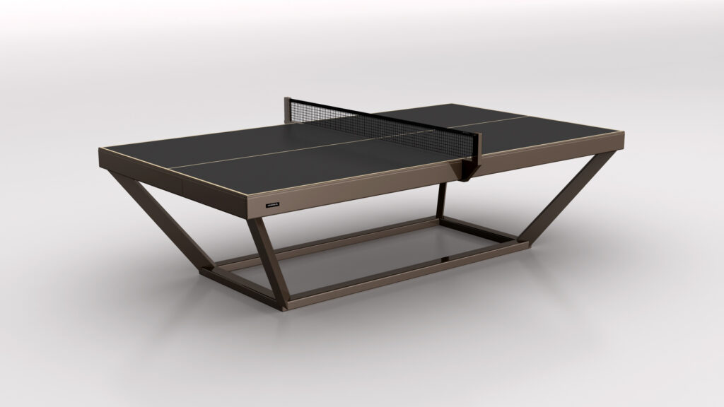 The Vitro Ping Pong Table boasts a modern, minimalist design with angled metal legs and a sleek frame, shown against a plain white background.