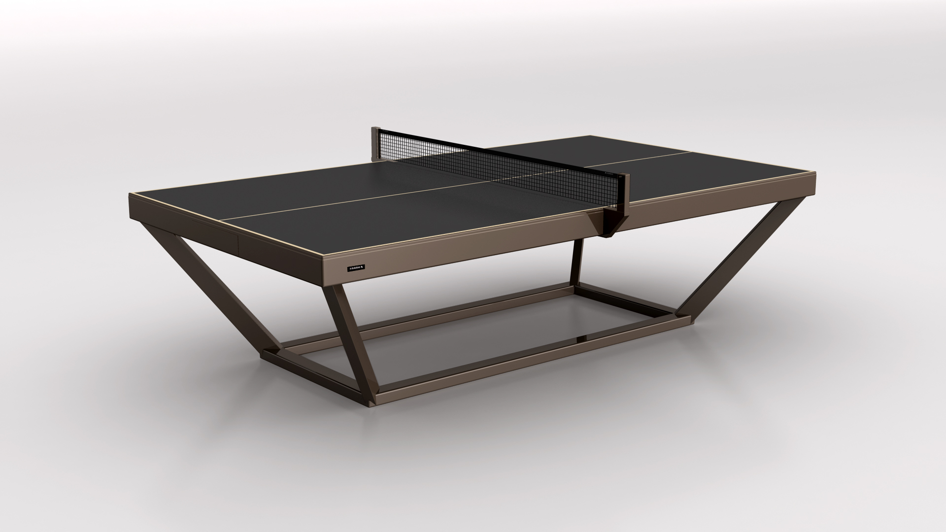 The Vitro Ping Pong Table boasts a modern, minimalist design with angled metal legs and a sleek frame, shown against a plain white background.