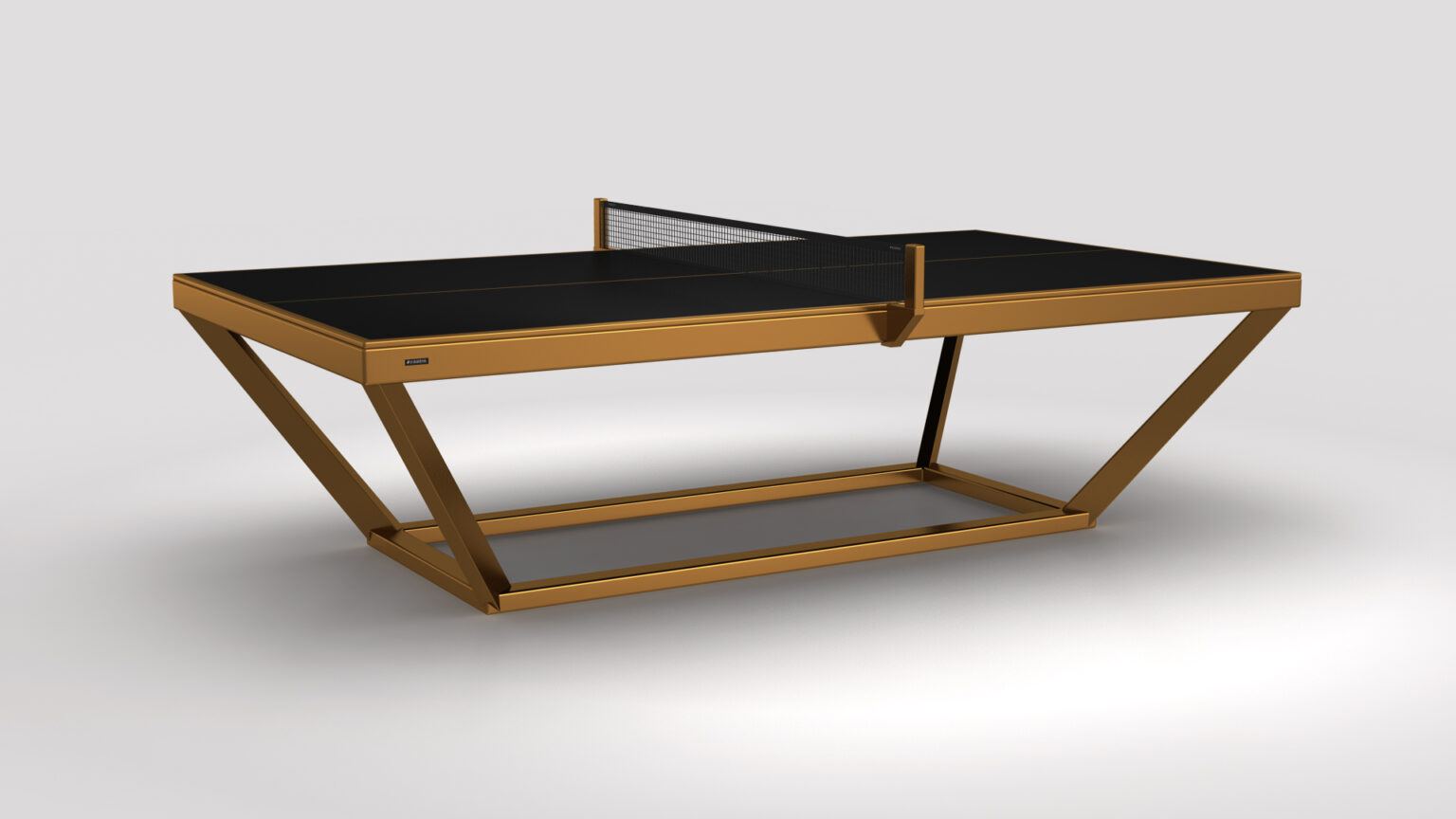 The Vitro Ping Pong Table features a modern black surface, gold angular frame, and minimalist metal net, creating a sleek look that stands out against a light background.