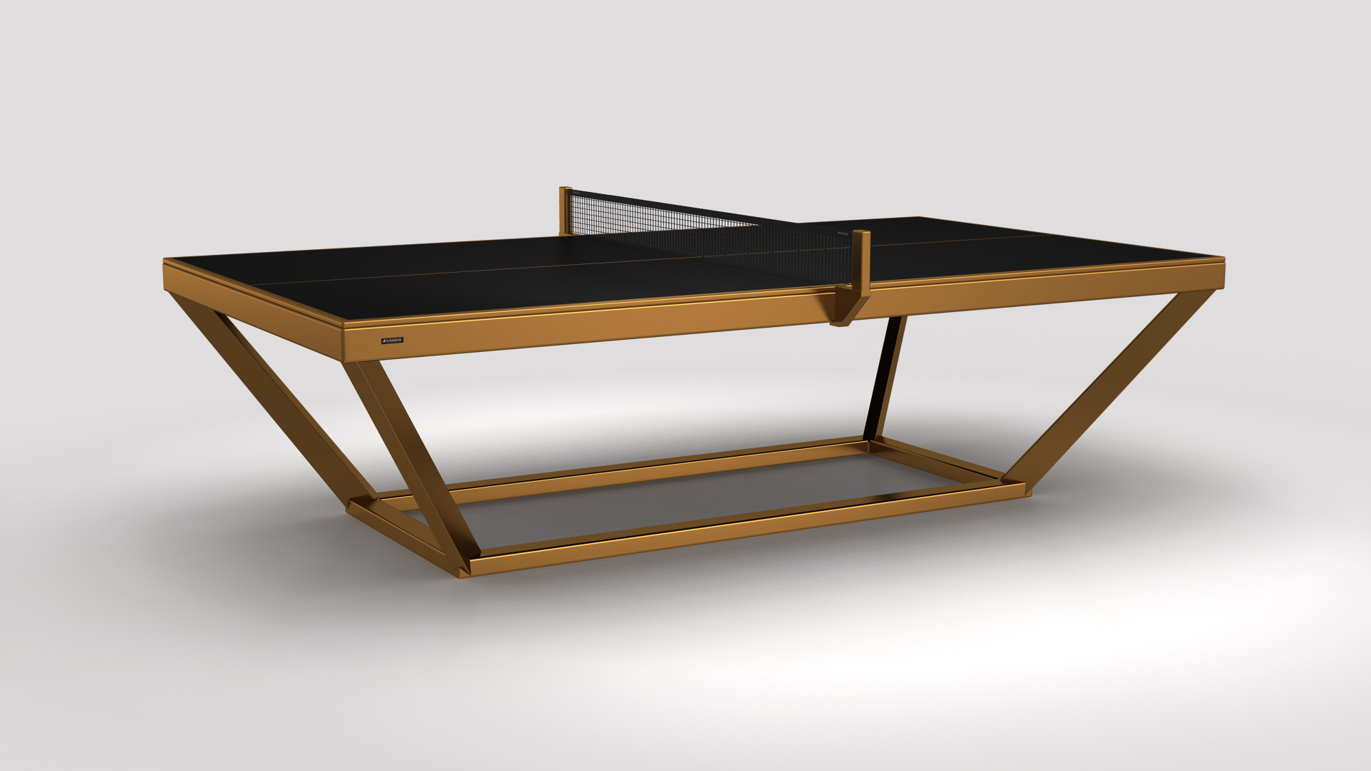 The Vitro Ping Pong Table features a modern black surface, gold angular frame, and minimalist metal net, creating a sleek look that stands out against a light background.