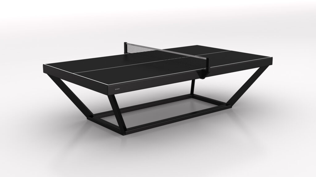 The Vitro Ping Pong Table is a modern black table with a net, angled legs, and a sleek geometric design, shown against a plain white background.