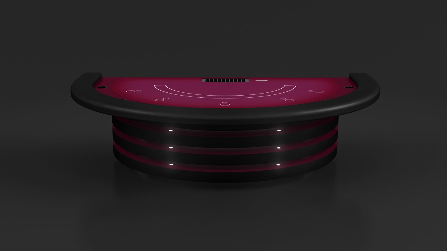 Discover the Luxury Arclight Blackjack Table, a sleek, modern piece with a dark red surface and black curved edges. Featuring card placement outlines and a central chip tray, this table redefines elegance in gaming against its dark backdrop.