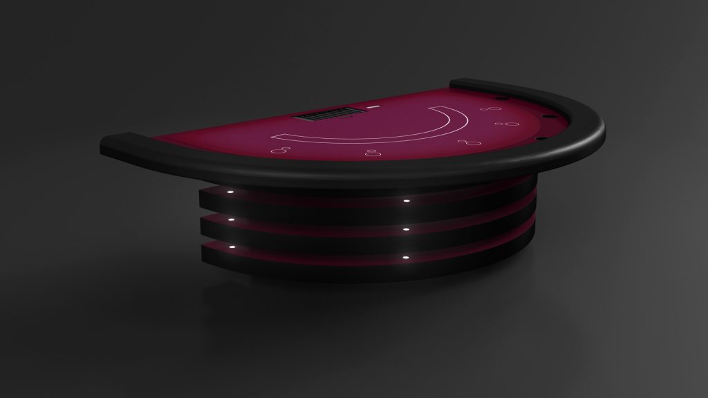 Introducing the Arclight Blackjack Table: a sleek, semi-circular centerpiece with a glossy burgundy surface and stackable black legs, featuring card spots and a chip tray against a sophisticated dark background.