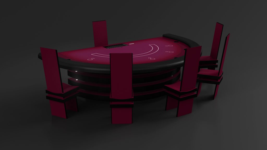 The Arclight Blackjack Table exudes luxury with its red felt top, black trim, and dark elegance. Five high-backed chairs encircle it, enhanced by card slots that invite play in a dimly lit ambiance.
