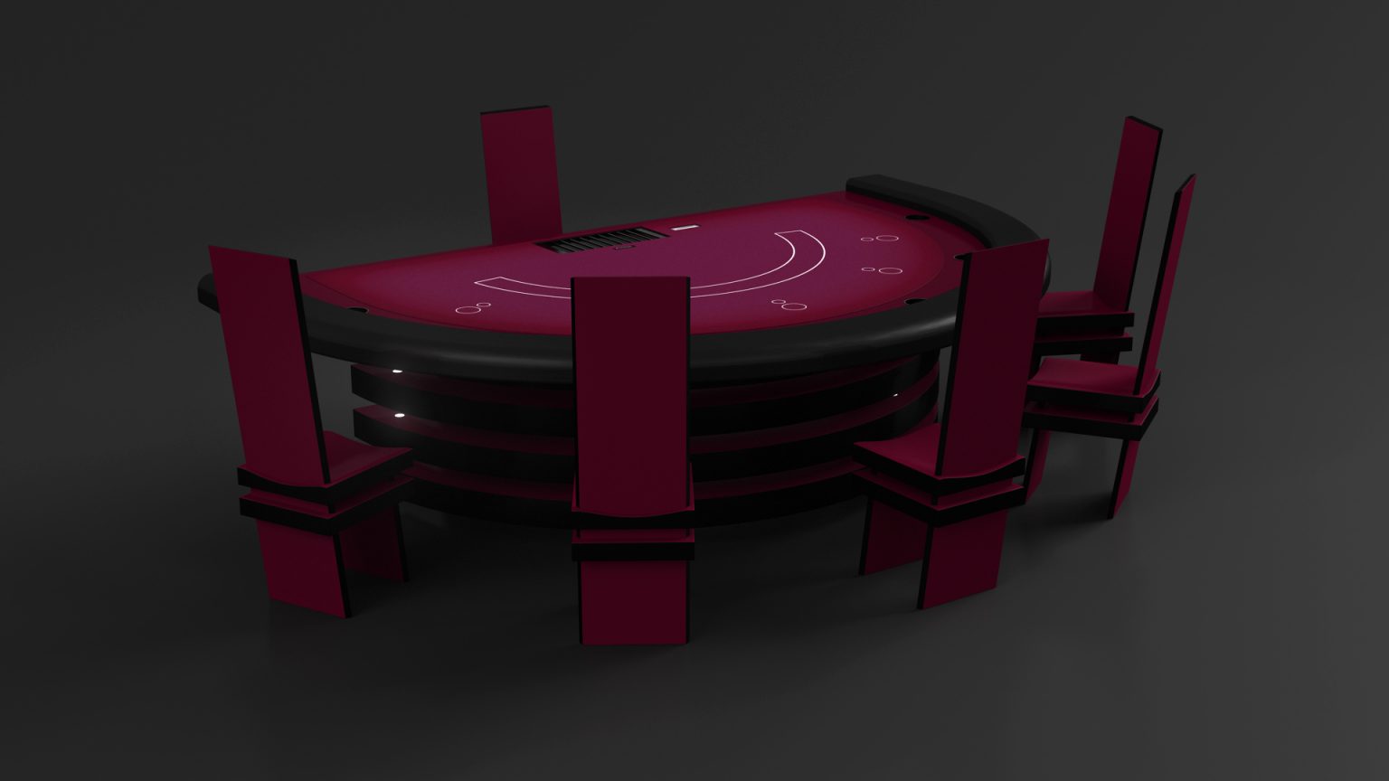The Arclight Blackjack Table exudes luxury with its red felt top, black trim, and dark elegance. Five high-backed chairs encircle it, enhanced by card slots that invite play in a dimly lit ambiance.