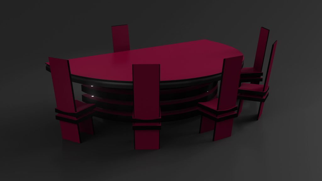 The Arclight Blackjack Table is a modern dining set with a luxury design, featuring a unique half-oval shaped table and six high-backed chairs. It boasts sleek, glossy surfaces in deep red with black accents against a dark background.