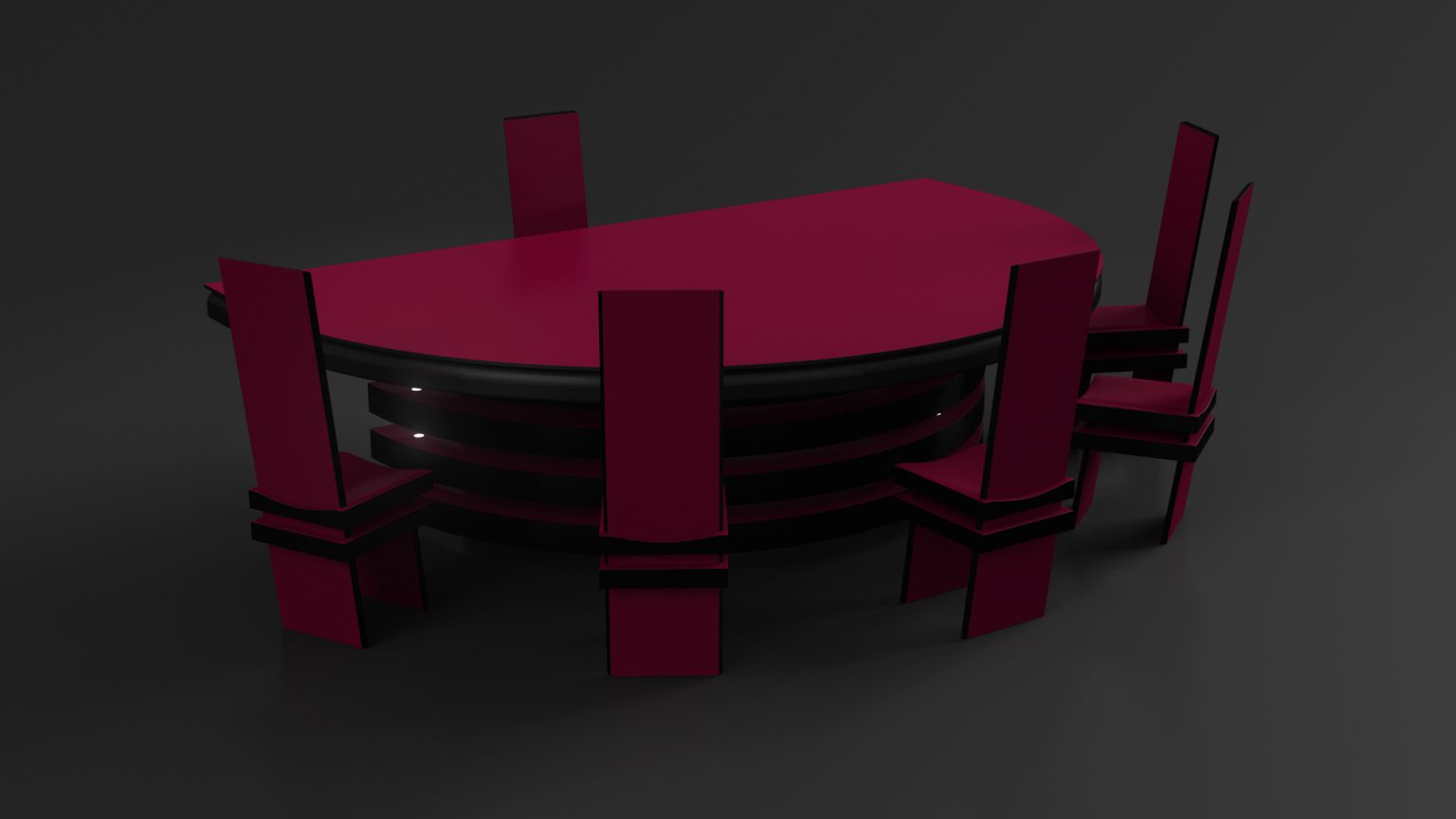 The Arclight Blackjack Table is a modern dining set with a luxury design, featuring a unique half-oval shaped table and six high-backed chairs. It boasts sleek, glossy surfaces in deep red with black accents against a dark background.