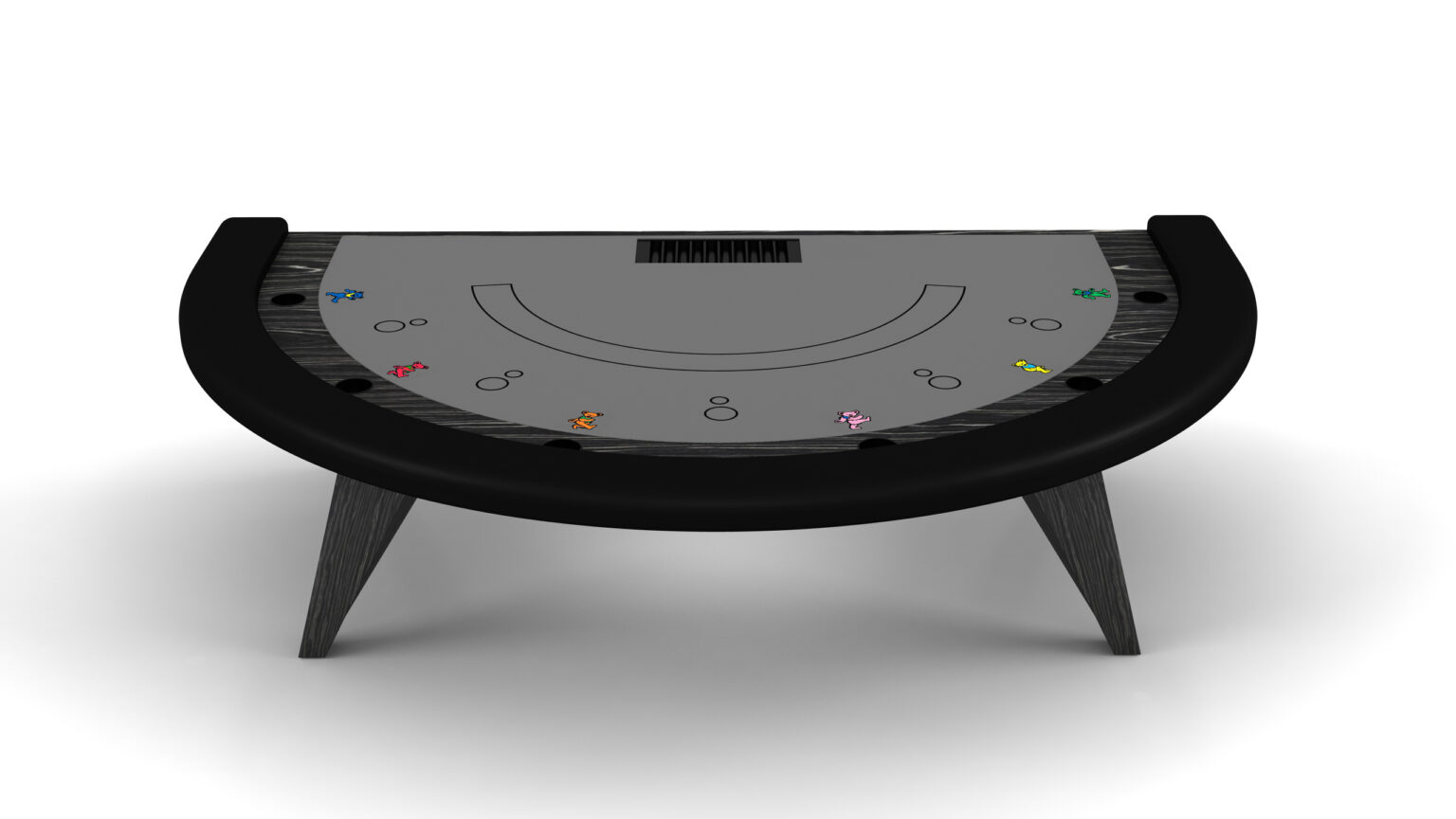 A top view of the Trigon Blackjack Table shows its semi-circular shape, gray playing surface, black padded edge and legs, with colorful poker chips at multiple player positions.