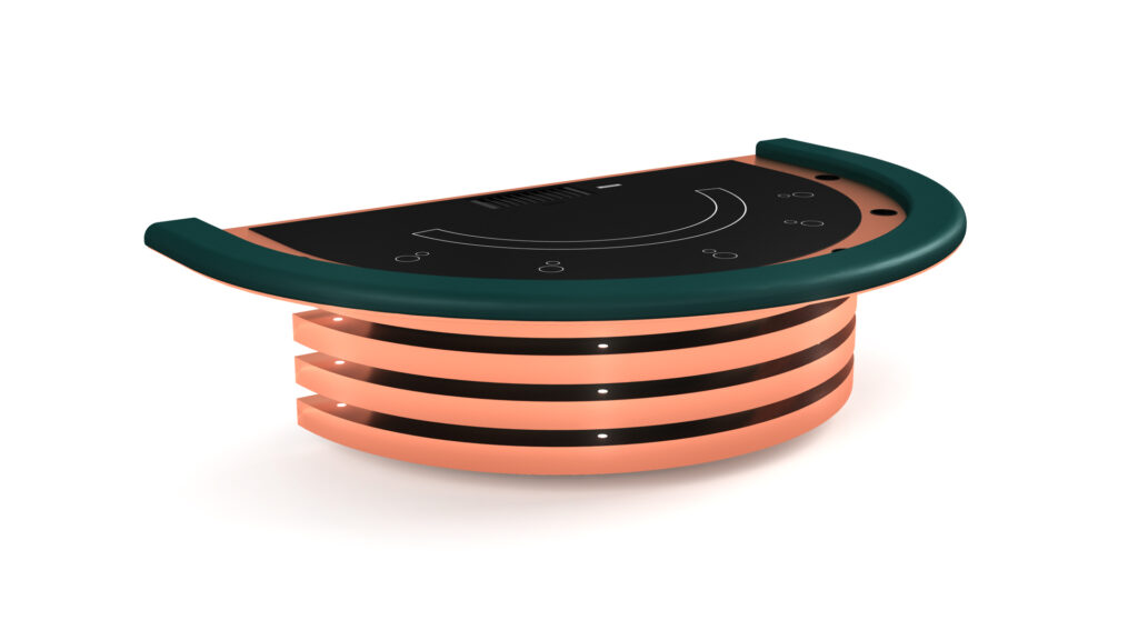 The Arclight Blackjack Table is a modern, semicircular bar counter with a black top, metallic copper sides featuring horizontal gaps, and a green curved edge, all set against a white background.