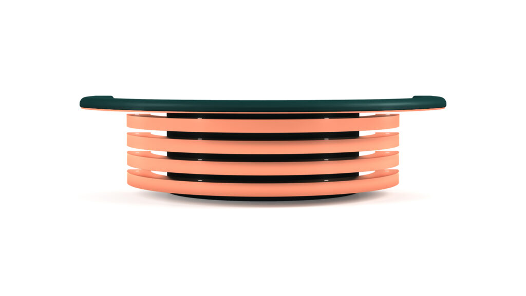 Inspired by the Arclight Blackjack Table, this modern reception desk features curved lines, alternating peach and black bands, and a dark green countertop, creating a bold statement against a plain white background.