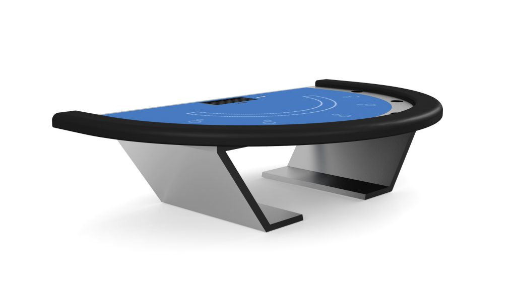 Experience luxury with the Cabaret Blackjack Table—a modern semi-circular design featuring a blue felt surface, card positions, black padded edge, two sturdy gray supports, and a central compartment for chips or cards.
