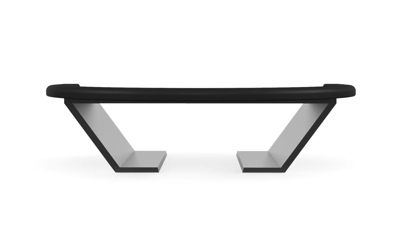 A modern, minimalist black and white Cabaret Blackjack Table with a curved black top and wide V shaped angular legs evokes elegance against a plain white background.
