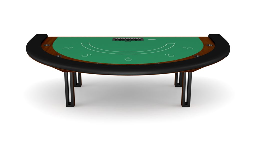 The Executive Blackjack Table boasts a luxury design with a curved edge, brown sides, and black trim. It includes card placeholders and a chip holder, all supported by sturdy black metal legs against a white background.