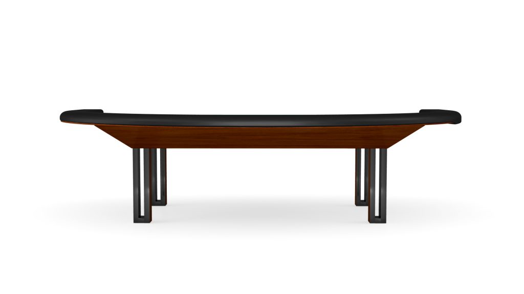 The Executive Blackjack Table boasts a sleek black top with a wooden, angular base and four rectangular legs, combining minimalist and contemporary design for sophisticated luxury.