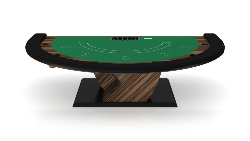 A 3D image of the Force Blackjack Table displays a green felt surface with card spots and a chip tray, a curved black edge, and rests on a distinctive modern wooden pedestal base.