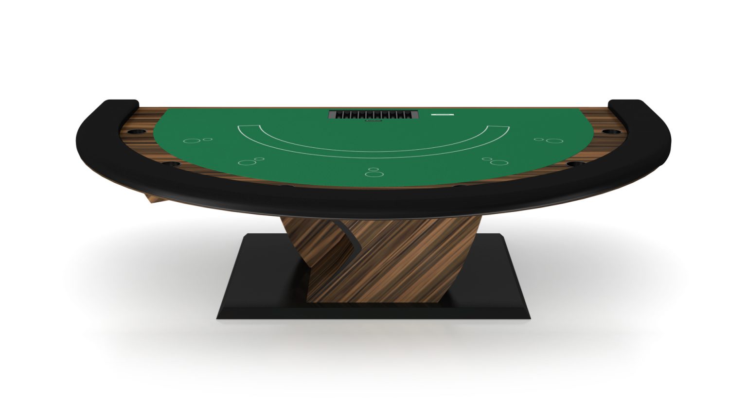 A 3D image of the Force Blackjack Table displays a green felt surface with card spots and a chip tray, a curved black edge, and rests on a distinctive modern wooden pedestal base.