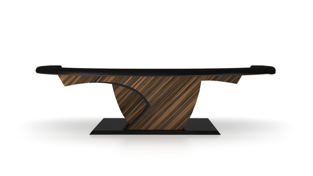 The Force Blackjack Table, featuring a luxury design, has a curved black top and diagonally striped wooden base on a black rectangular platform, set against a plain white background.