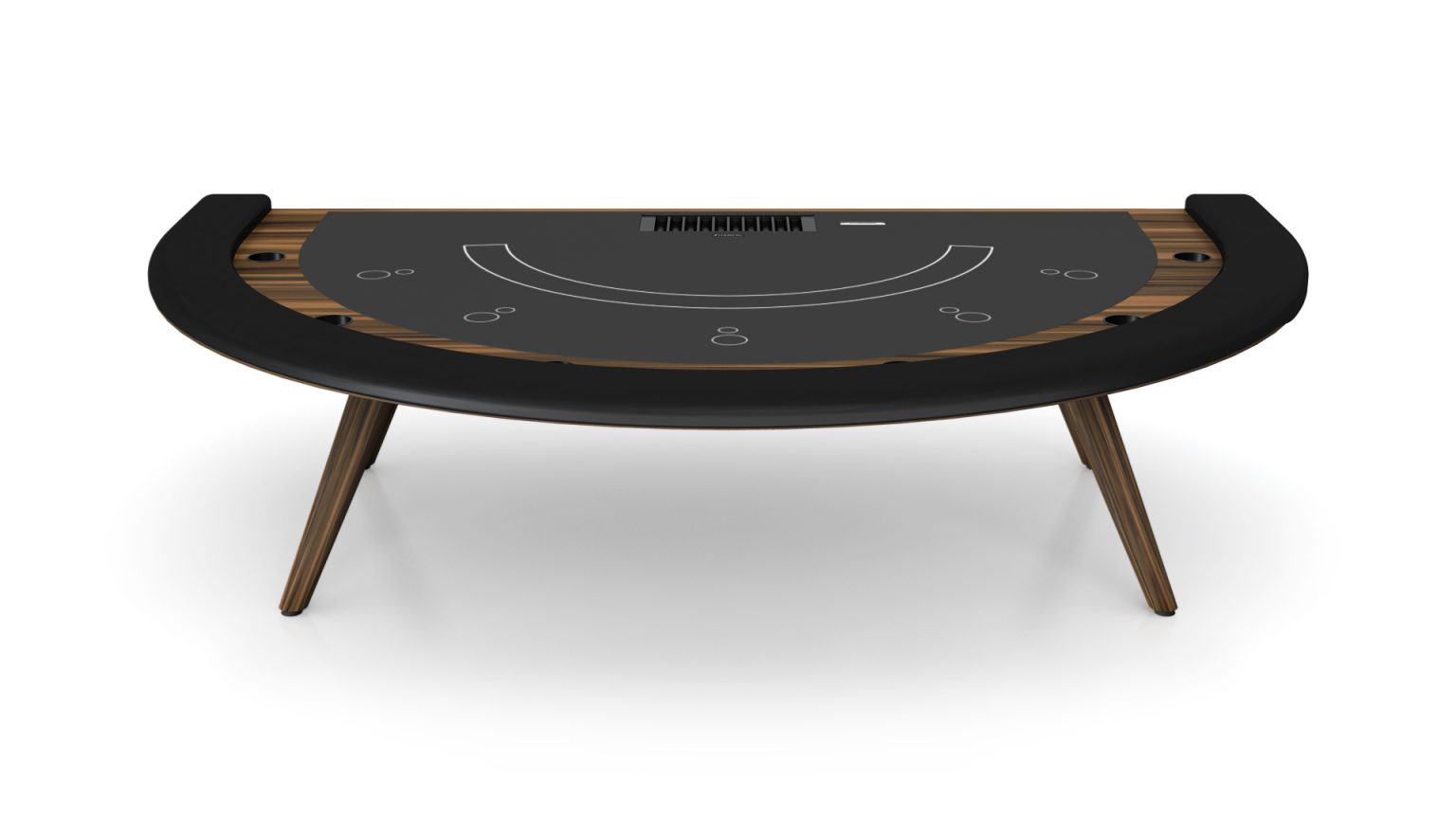 The Hamptons Blackjack Table is a semi-circular luxury design featuring a dark felt top, wooden legs, card markings, chip placements, and a smooth black border for armrests.