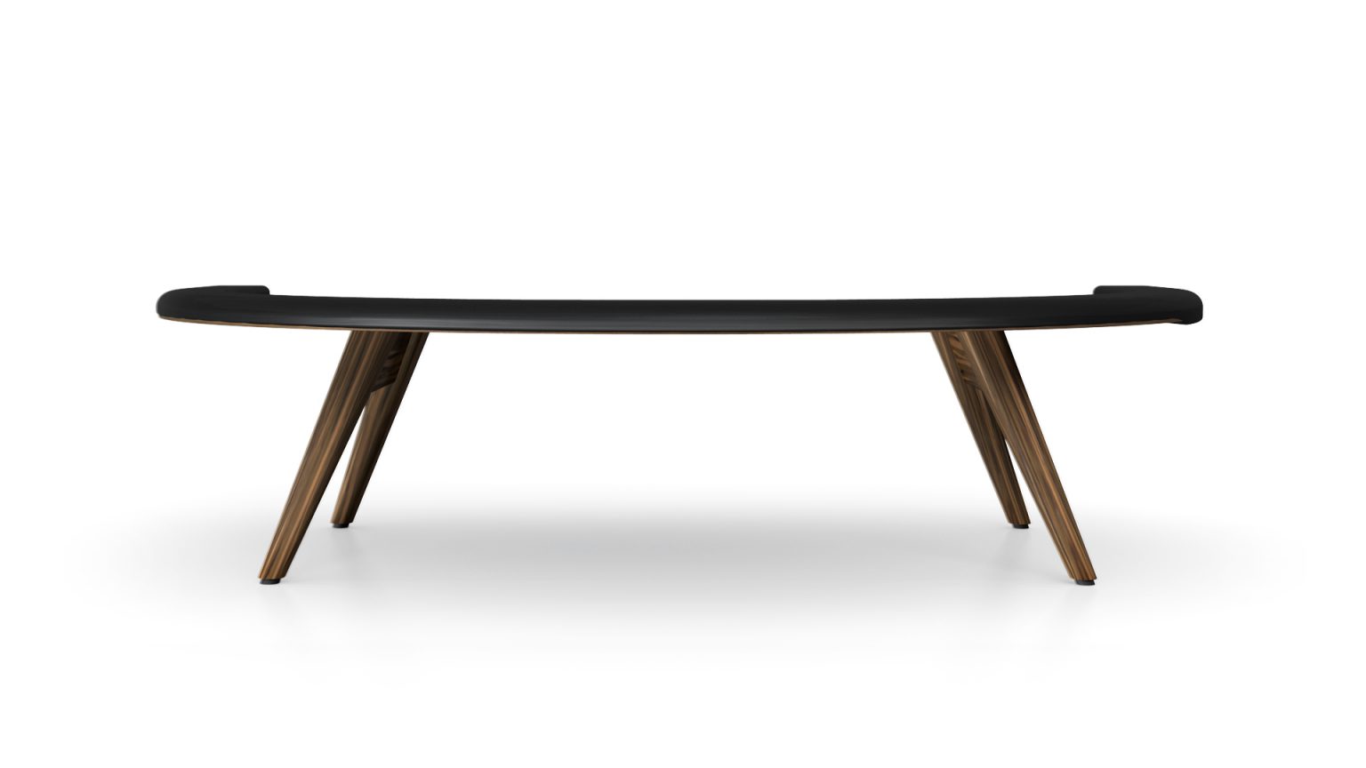 A sleek modern bench featuring a black seat and four angled wooden legs, reminiscent of the Hamptons Blackjack Tables luxury, elegantly set against a plain white background.