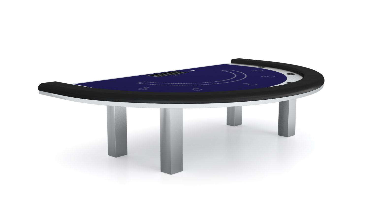 The Stealth Blackjack Table is a luxurious semi-circular poker table featuring a blue felt surface, black padded edge, white card placement markings, and supported by three sleek silver metallic legs.