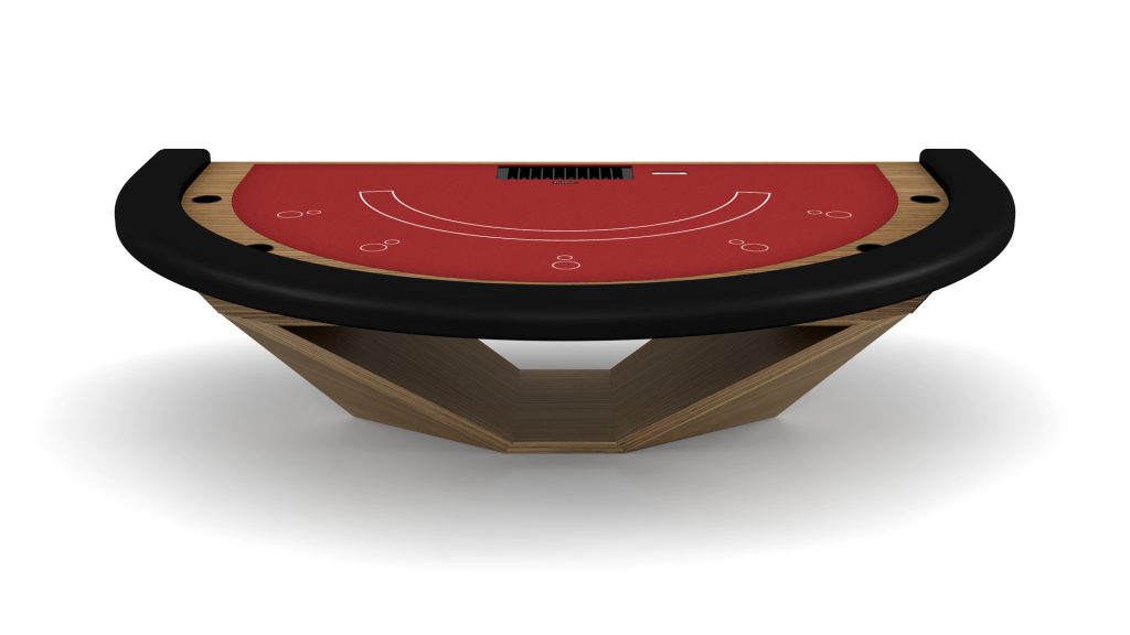 The Stealth Blackjack Table is a luxury 3D-rendered piece featuring a red felt surface, wooden base, and black padded edges. It has discreet chip placements and card slots, captured from above on a white background.