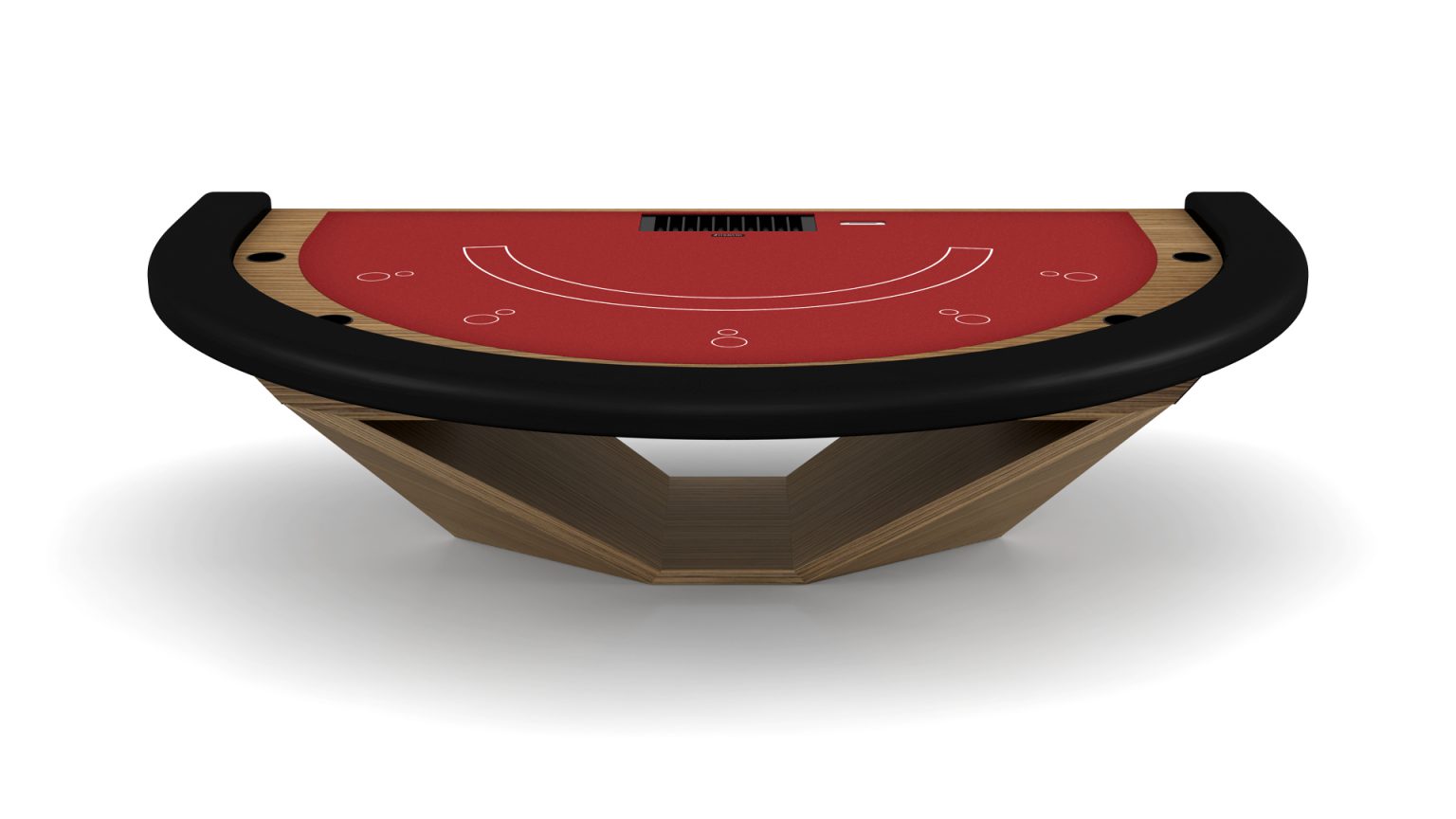 The Stealth Blackjack Table is a luxury 3D-rendered piece featuring a red felt surface, wooden base, and black padded edges. It has discreet chip placements and card slots, captured from above on a white background.