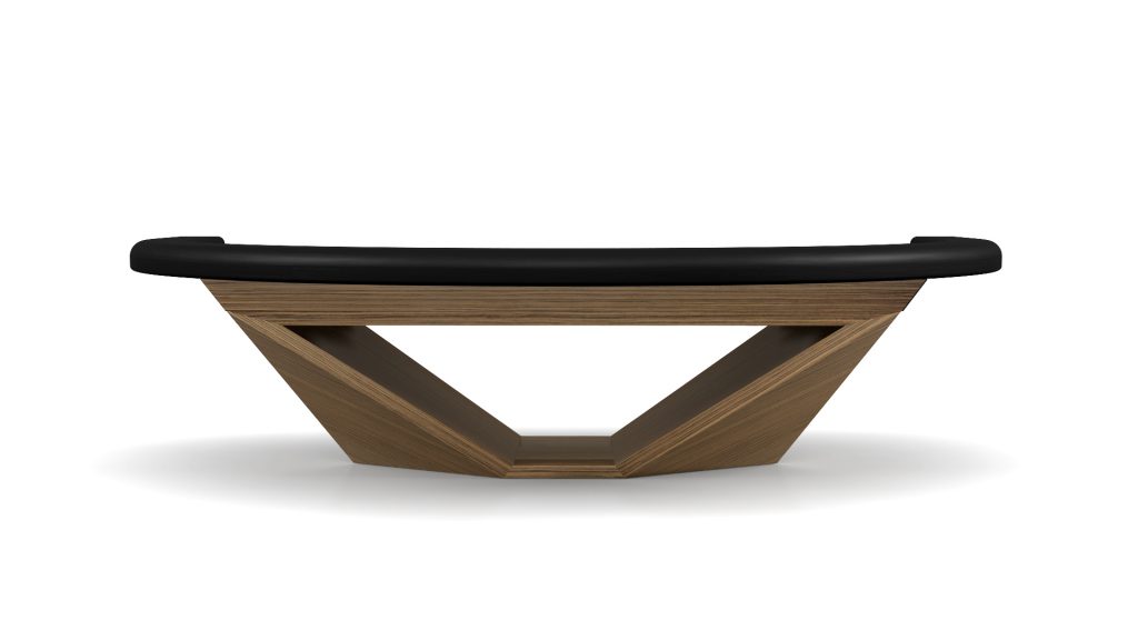 The Stealth Blackjack Table features a luxurious wooden triangular bench with a black cushioned top, resting elegantly on a white background. Its geometric sculpture-like base combines function and artistic allure, echoing high-end design.