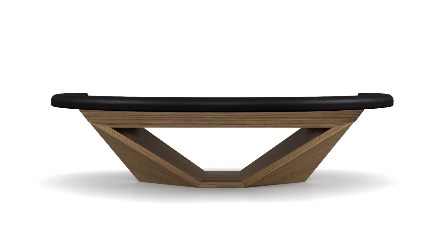 The Stealth Blackjack Table features a luxurious wooden triangular bench with a black cushioned top, resting elegantly on a white background. Its geometric sculpture-like base combines function and artistic allure, echoing high-end design.