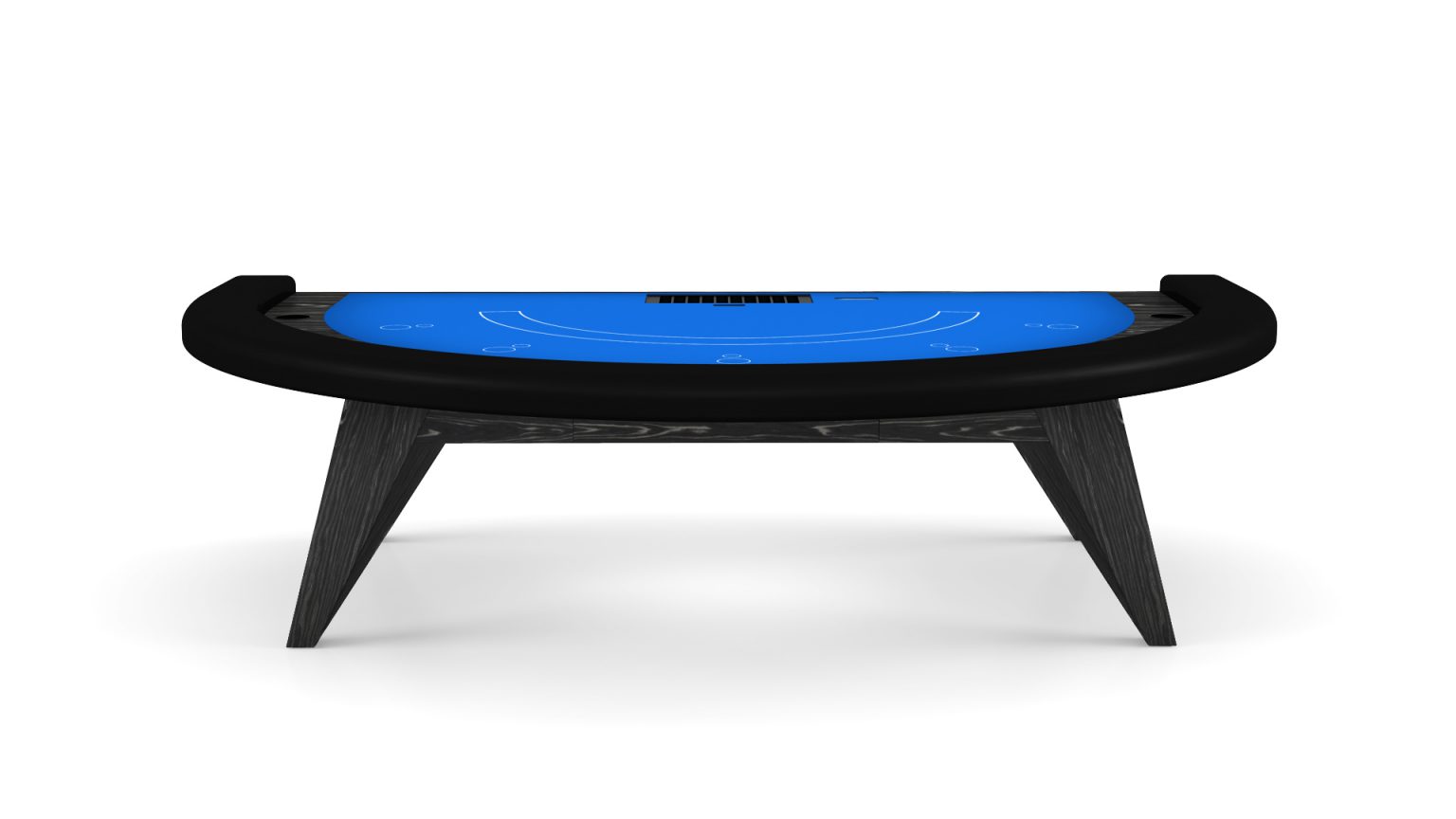 The Trigon Blackjack Table boasts a sleek, modern design with a black frame and vibrant blue playing surface. It features card positions, chip slots, and stands confidently on four angled legs.